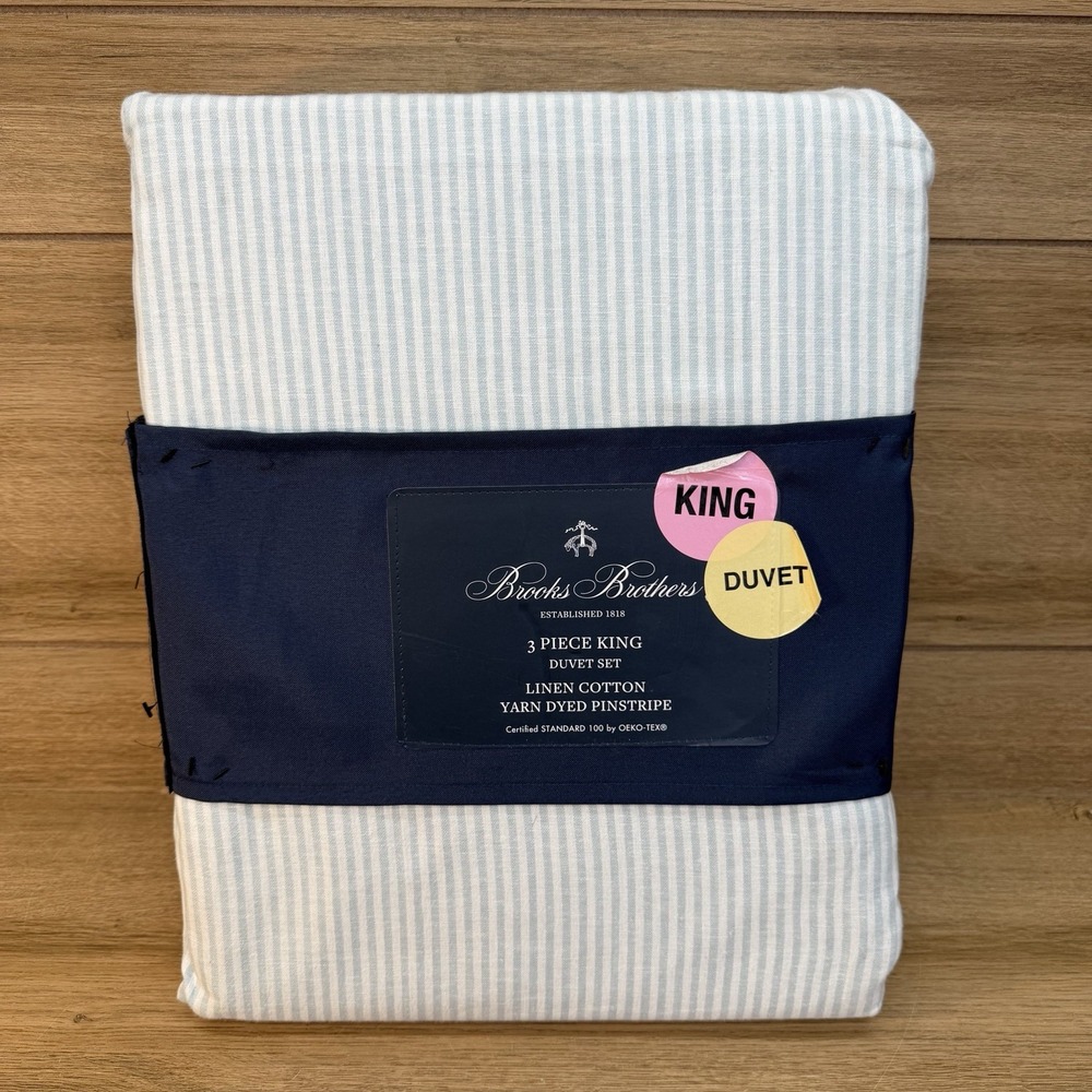 Brooks Brothers Duvet Set KING Linen Cotton Yarn Dyed Pinstripe Blue Green White